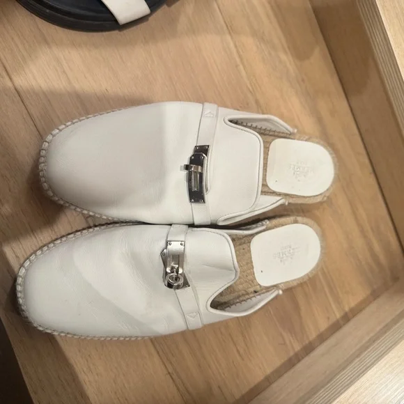 Hermes Cream Espadrilles with Silver Buckle - Picture 2 of 6